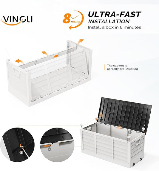 VINGLI 75 Gallon Collapsible Outdoor Storage Box, Simple-to-assemble Plastic Storage Containers with Lid, Patio Deck Box Furniture for Garden, Pool, Balcony, Yard (White)
