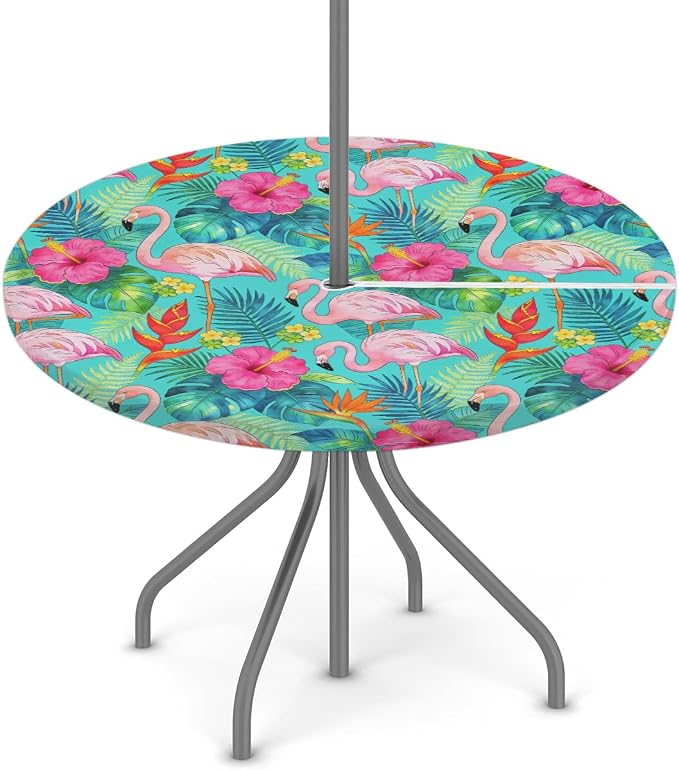 Tropical Flamingo Outdoor Round Fitted Tablecloth with Umbrella Hole and Zipper, 36"-44" Elastic Patio Table Cloth Oil-Proof Waterproof Patio Table Cover for Picnic Party Camping
