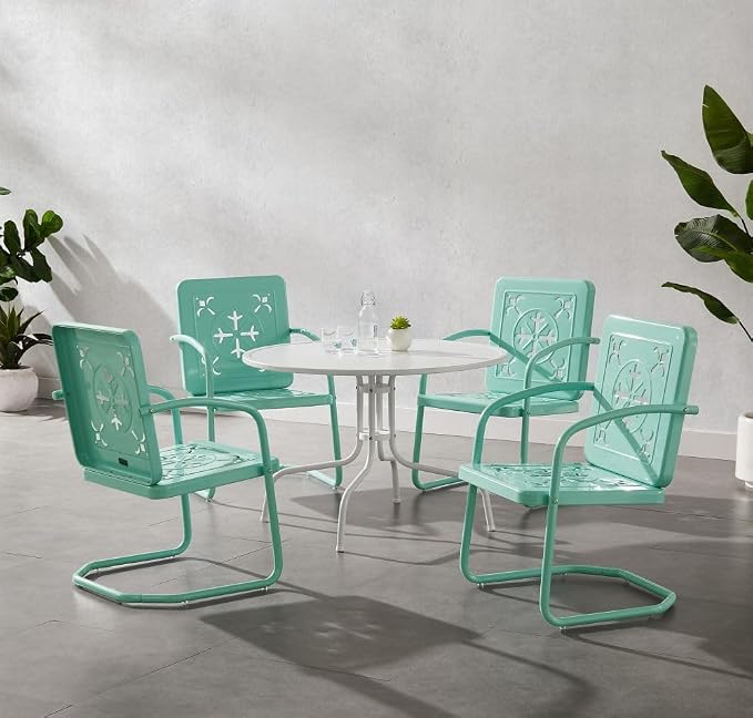 Crosley Furniture Azalea 5-Piece Vintage Outdoor Dining Set for 4, Retro Metal Round Patio Table and Chairs, Aqua Gloss/White Satin