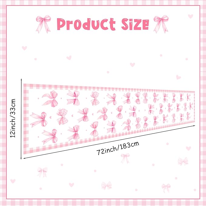 Pink Bow Theme Table Runner, Pink Linen Fabric Table Runner for Everyday Use 72 x 13 Inches, Washable Table Cover for Indoor Outdoor Kitchen Dining Table Home Decor