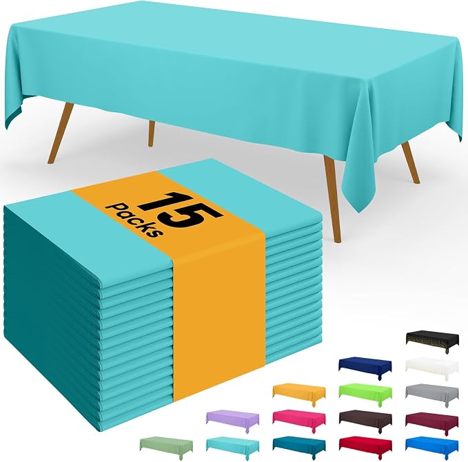 Smiry Disposable Table Cloth - 15 Pack, 54 x 108 Inch Waterproof Rectangle Tablecloths for Parties, Decorative Plastic Table Cover, Leakproof & Sturdy, Teal