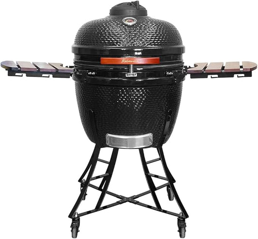 Kalamera 24” Ultimate Outdoor Ceramic Grill Kamado with Cart and Side-wings Black
