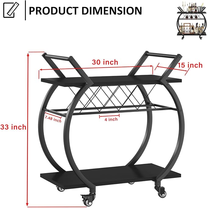 LVB Black Bar Cart with Wheels, Industrial Wine Cart with Storage for Home | Modern Bar Cart with Wine Rack, Beverage Rolling Kitchen Serving Cart, Wooden Microwave Drink Liquor Cart for Dining Room