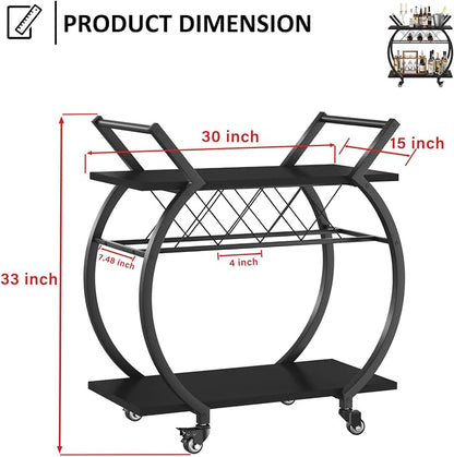 LVB Black Bar Cart with Wheels, Industrial Wine Cart with Storage for Home | Modern Bar Cart with Wine Rack, Beverage Rolling Kitchen Serving Cart, Wooden Microwave Drink Liquor Cart for Dining Room