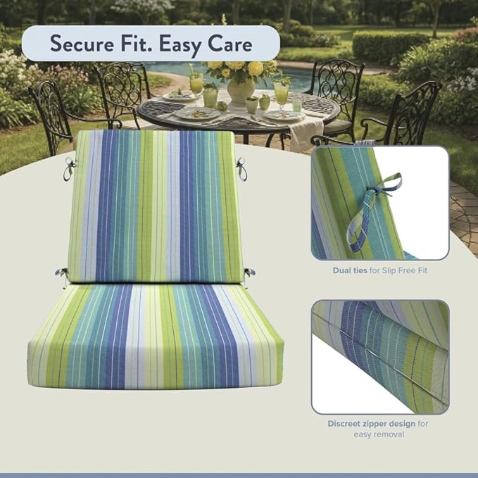 California Umbrella Outdoor Dining Chair, Set of 2 Patio Seat Cushions, 20 x 40 Inch, Premium Outdoor Memory Foam, Fade Resistant, Sunbrella Fabric, Fabric Ties, Seville Seaside