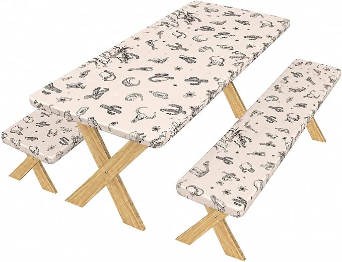 Cinrobiye 3PCS Western Cowboy Picnic Table Cover Set with Bench Covers Fitted Waterproof Rodeo Tablecloth Windproof Elastic Outdoor Camping Picnic Table Cover Rustic Western Party Decor 72 x 30 Inch