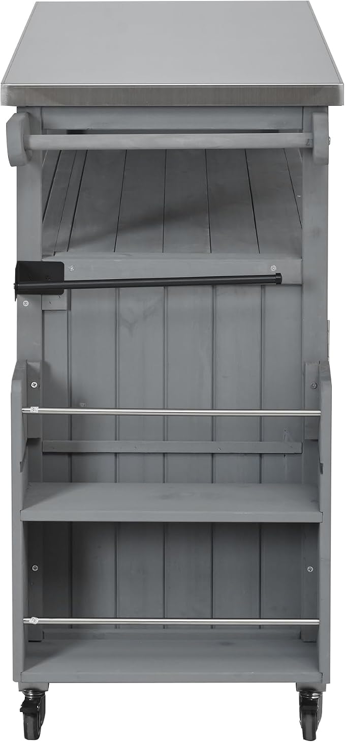 JIVOIT Outdoor Fir Wood Kitchen Island with Foldable Stainless Steel Top, Patio Mobile Kitchen Cart Portable Outdoor Cooking Island with Lockable Wheels, Storage Cabinet and Towel Rack (Gray/124)