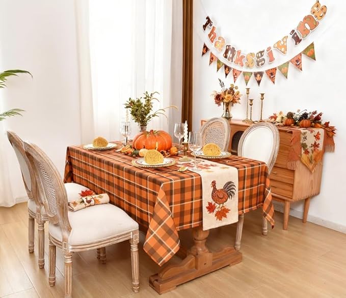Waterproof Gingham Festive Tablecloth Fabric - Oblong 52x70 Inch Classic Buffalo Tartan Autumn Table Cloth for Outdoor Use - Give Thanks Tabletop Cover Perfect for Halloween, BBQs, Parties