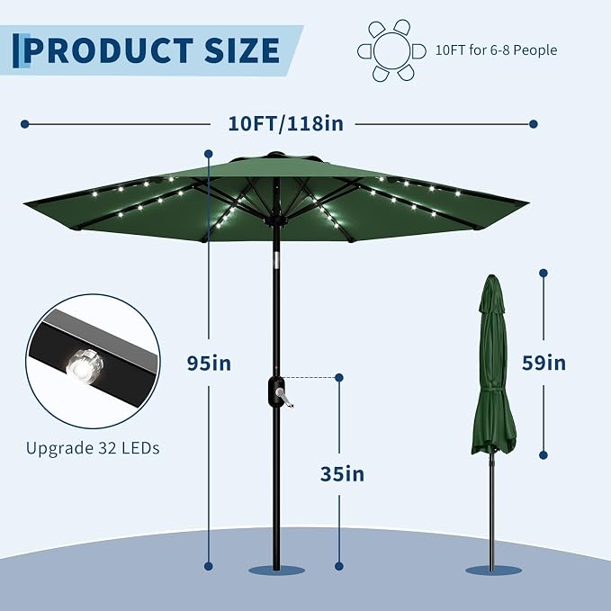 Garvee patio Umbrella with Solar Lights, Outdoor Table Umbrella with 8 Durable Ribs, Tilt & Crank Mechanism, Waterproof & UV Protection for Garden, Backyard, Poolside,