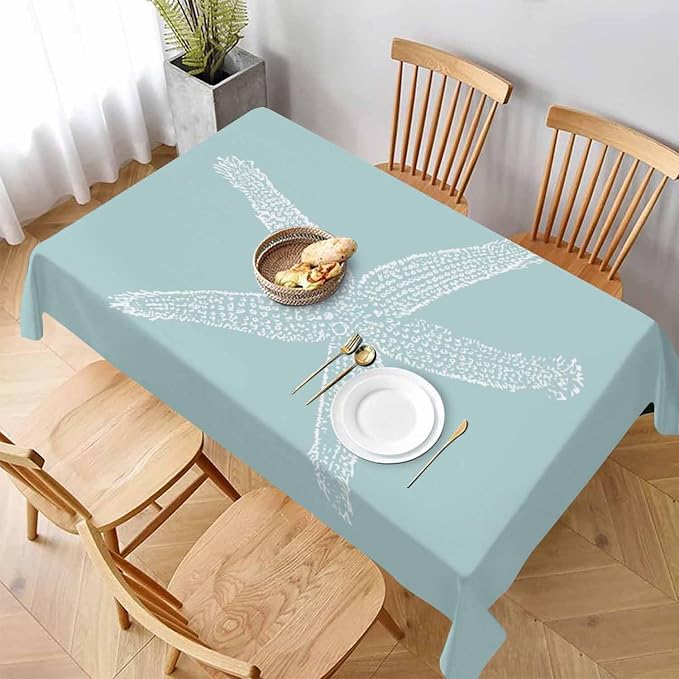 TKS MITLAN White Starfish Tablecloth 60x84 Inch Rectangular Ocean Wildlife Sketch Granular Tube Feet Tentacle Sea Cyan Oblong Table Cloth Kitchen Table Decorations for Home Dinner Party