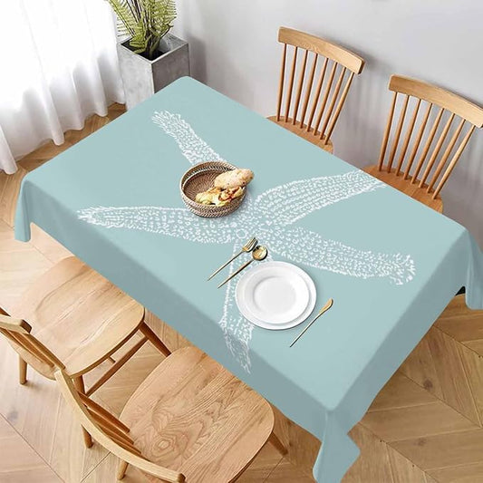 TKS MITLAN White Starfish Tablecloth 52 x 70 Inch Rectangular Ocean Wildlife Sketch Granular Tube Feet Tentacle Sea Cyan Oblong Table Cloth Kitchen Table Decorations for Home Dinner Party