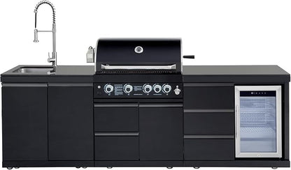 102.4'' Outdoor Kitchen Island, All-In-One 4 Burner Modular Outdoor Kitchen for Backyards, 59500 BTU, BBQ Grill with 304 Stainless Steel, Black Outdoor Kitchens with Sink, Refrigerator