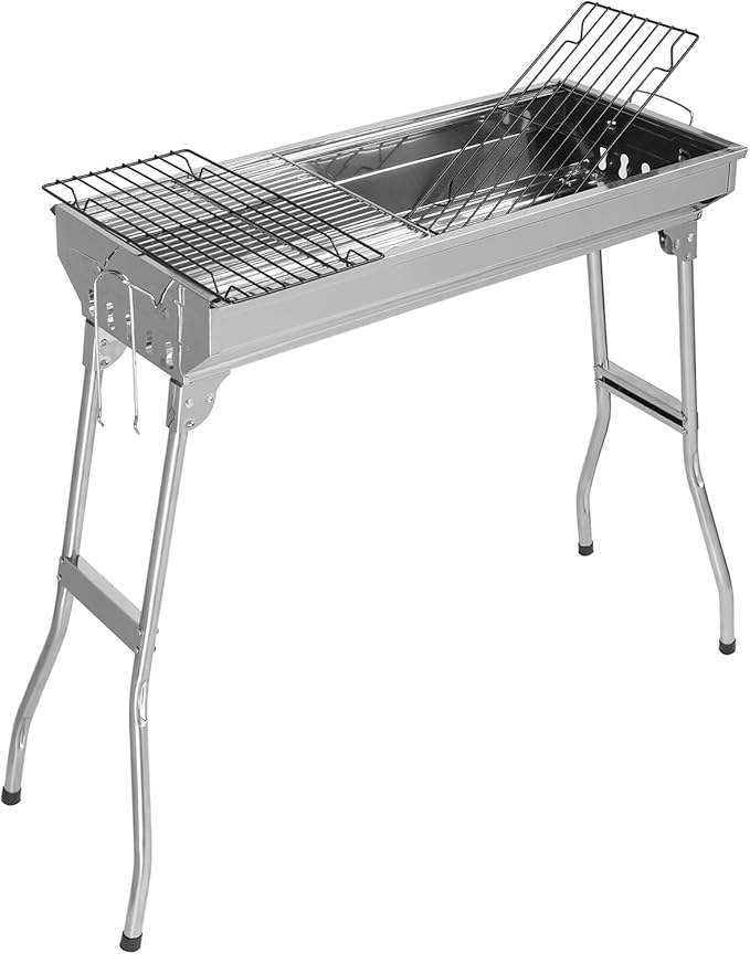 Portable Barbecue Charcoal Grill Folding Lightweight BBQ Tool Kits Stainless Steel Charcoal Grill for Outdoor Cooking Camping Hiking Picnics Backpacking Beach Tailgating, Asadores de Carbon (Silver)