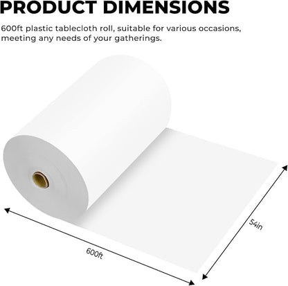 54 Inch X 600 Feet Plastic Table Cover Roll Premium Disposable Plastic Tablecloth for All Type/Shape Tables | Picnic, Party, Banquet, Birthdays, Weddings (White, 54 Inch X 600 Feet)