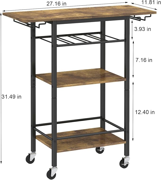 LAATOOREE Bar Cart, Home Bar Serving Cart, 3 Tier Mobile Drink Beverage Cart, Rolling Kitchen Shelf with Wine and Glass Holders, for Dinning Room, Living Room, Kitchen