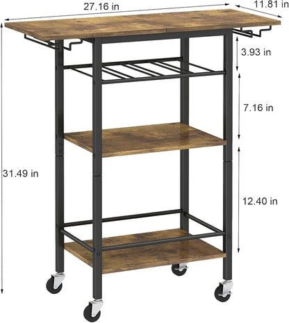 LAATOOREE Bar Cart, Home Bar Serving Cart, 3 Tier Mobile Drink Beverage Cart, Rolling Kitchen Shelf with Wine and Glass Holders, for Dinning Room, Living Room, Kitchen