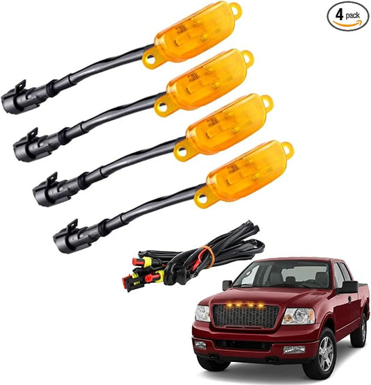 4 PCS Amber LED Grille Light Kit, LED Bumper Hood Lights, Compatible with Ford F-150 Raptor-Style Aftermarket Grilles 2004-2019 (Amber LED Lights Cover)