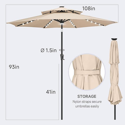 FLAME&SHADE 2 Tiers 9ft Solar Light Patio Umbrella, 40 LED lights outdoor umbrella with Centre Surround Light, Table Market Umbrella for Deck, Pool, Porch, Backyard, Garden (Beige)