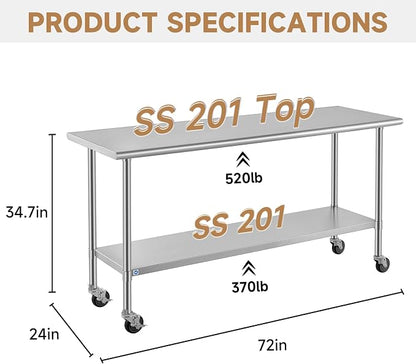 ROCKPOINT All Stainless Steel Prep Table with Caster 24x72 Inch, Commercial Heavy Duty Workbench with Stainless Legs & Adjustable Undershelf, 890 lb Capacity for Outdoor Kitchens with Wheel