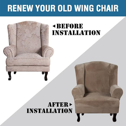 H.VERSAILTEX Wingback Chair Covers Velvet Plush Wing Chair Slipcover 1 Piece High Stretch Wing Back Chair Slipcovers Sofa Cover Furniture Cover with Elastic Bottom, Mocha