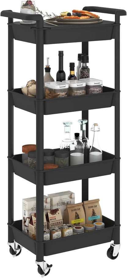 STEEHOOM 4 Tier Rolling Cart with Handle, Utility Cart with Table Top Easy Assembly Bathroom Storage Cart on Wheels for Office, Living Room, Kitchen, Craft Room, Black