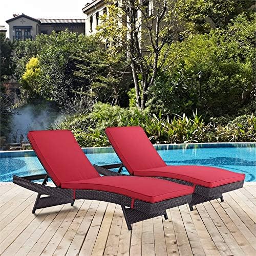 Modway Convene Wicker Rattan Outdoor Patio Chaise Lounge Chairs in Espresso Red - Set of 2