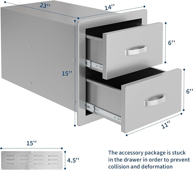 Garvee Outdoor Kitchen Drawers 14"Wx23"Dx15"H, Flush Mount Access BBQ Drawers with full Stainless Steel,Weatherproof & Rust-Resistant,for Outdoor Kitchen Island, Patio Grilling Tools & Spices | Stainless Steel - Weatherproof Rust-Resistant Drawers for ...