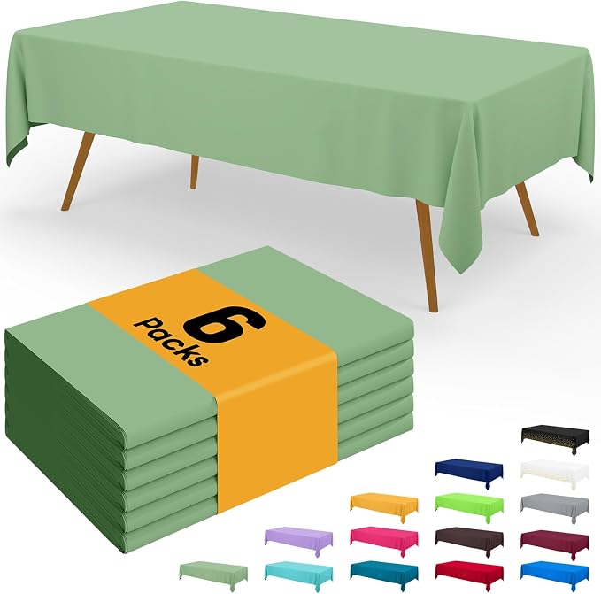Smiry Disposable Table Cloth - 6 Pack, 54 x 78 Inch Waterproof Rectangle Tablecloths for Parties, Decorative Plastic Table Cover, Leakproof & Sturdy, Sage Green