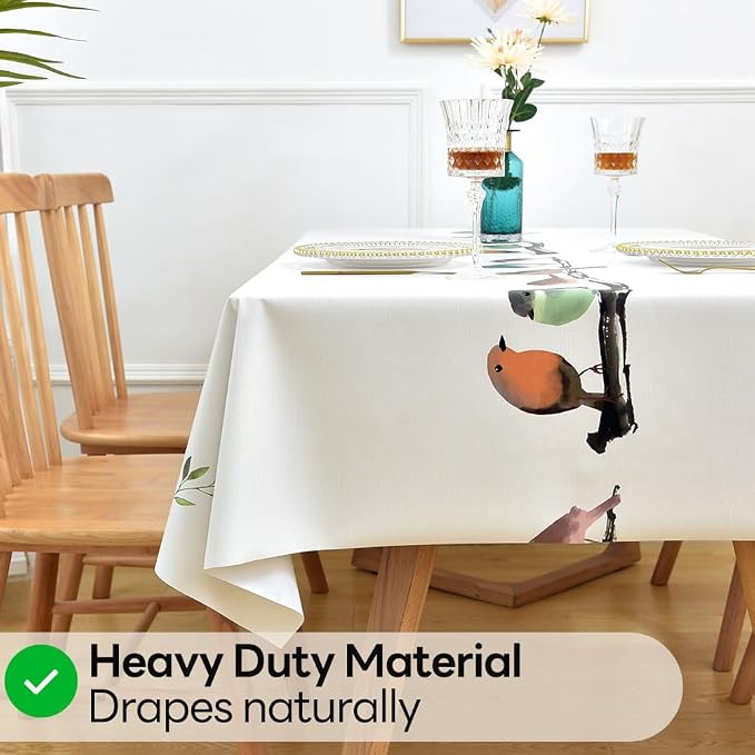 Wipeable Waterproof Tablecloth Vinyl Tablecloths for Rectangle Tables Heavy Duty PVC Tablecloth for Kitchen Dining Table(Birds, 54'' x 78'')