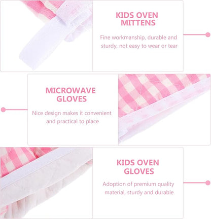 2Pcs Oven Mitts for Play Kitchen, Anti- Scald Gloves Microwave Oven Gloves Kitchen Mitts for Safe Baking Cooking (Pink Checkered)