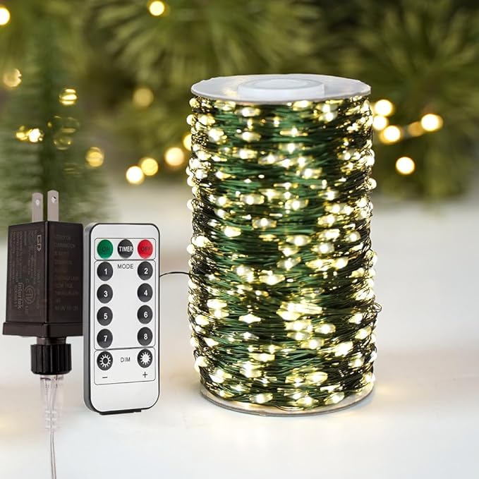 66FT Plug in Fairy Lights Warm White Green Wire LED String Lights 200 LED with Remote 8 Modes for Living Room, Christmas Tree, Patio, Garden, Wedding, Backyard