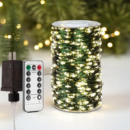 66FT Plug in Fairy Lights Warm White Green Wire LED String Lights 200 LED with Remote 8 Modes for Living Room, Christmas Tree, Patio, Garden, Wedding, Backyard