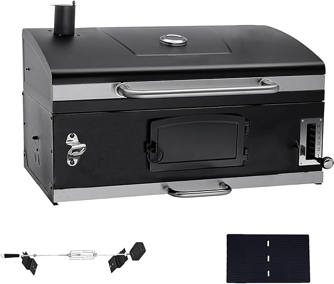 29In Built in BBQ Grills, Large Outside Charcoal Grill with BBQ Fork Kit Liftable Tray & Thermometer, Black Stainless Steel Barbecue Grill for Outdoor Kitchen Cooking Patio Camping Park Style