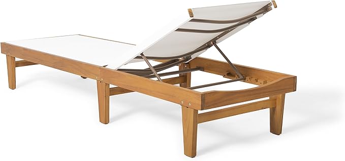 Christopher Knight Home Summerland Outdoor Mesh Chaise Lounge with Acacia Wood Frame, Teak Finish / White Mesh