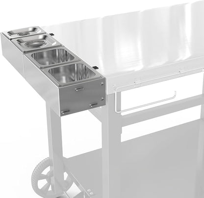 Pizza Topping Station for Grill Cart, Universal Condiment Serving Container for Outdoor Grill Stand, Stainless Steel Seasoning Containers with Lid, 4 Compartment Trays for Prepping Ingredients