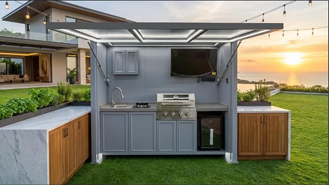Outdoor Mobile Kitchen, Modern Modular Design with Retractable Roof Cover and Built-in Grill Station Backyard Outdoor Kitchen BBQ Grill