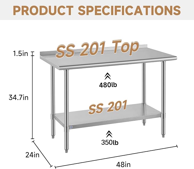 ROCKPOINT All Stainless Steel Perp Table with Backsplash 24x48 Inch, Commercial Heavy Duty Table with Stainless Legs & Adjustable Undershelf, 830 lb Capacity for Restaurant,Home and Outdoor Kitchens