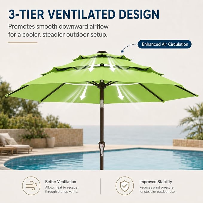 10ft Patio Umbrella, 3-Tier Vented Outdoor Table Umbrella with 8 Sturdy Fiberglass Ribs, Windproof Market Umbrella with Push Button Tilt and Crank, UV Protection for Deck, Pool, Apple Green