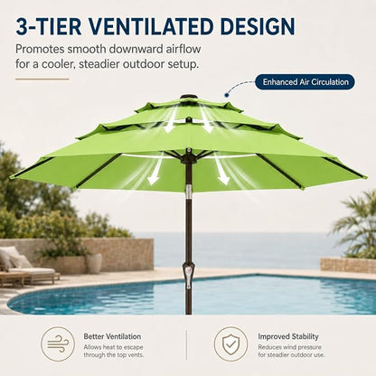10ft Patio Umbrella, 3-Tier Vented Outdoor Table Umbrella with 8 Sturdy Fiberglass Ribs, Windproof Market Umbrella with Push Button Tilt and Crank, UV Protection for Deck, Pool, Apple Green