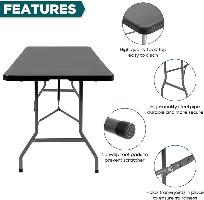FDW 8 Foot Outdoor Dining Table, Foldable Portable Rectangular Plastic Folding Table with Built in Carrying Handle for Party and Wedding Use, Black