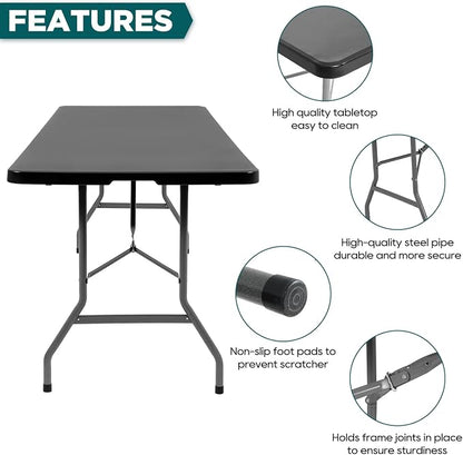 FDW 8 Foot Outdoor Dining Table, Foldable Portable Rectangular Plastic Folding Table with Built in Carrying Handle for Party and Wedding Use, Black
