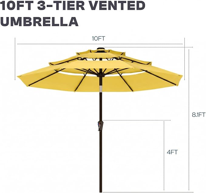 10ft 3 Tier Patio Umbrella, Outdoor Market Table Umbrella with UPF 50+ Vented Canopy, 8 Sturdy Ribs, Easy Push Button Tilt and Crank, Windproof for Deck, Pool, Backyard and Garden