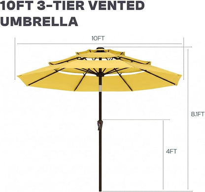 10ft 3 Tier Patio Umbrella, Outdoor Market Table Umbrella with UPF 50+ Vented Canopy, 8 Sturdy Ribs, Easy Push Button Tilt and Crank, Windproof for Deck, Pool, Backyard and Garden