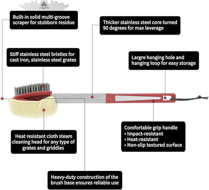 GRILLGEN Grill Brush and Scraper -Heavy Duty Double-Sided with Steam Cleaner Head for Porcelain，Cast Iron, Stainless Steel Grates, Outdoor BBQ Grill Cleaner Accessories