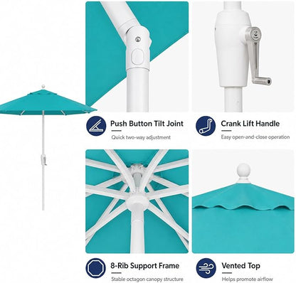 Treasure Garden 7.5ft Patio Umbrella – Outdoor Market Umbrella – Push Button Tilt – White Aluminum Frame (O’bravia, Aqua)