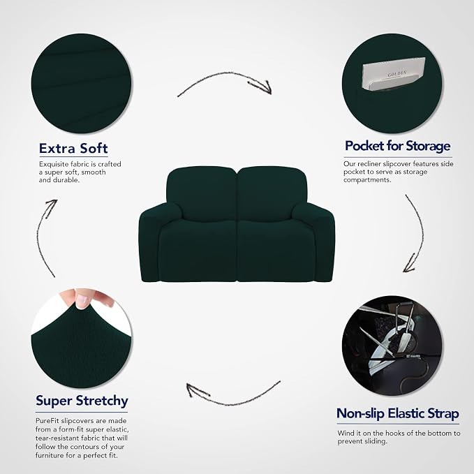 PureFit Super Stretch Loveseat Recliner Sofa Couch Cover with Pocket | 2 Seat Non Slip Soft Sofa Slipcover, Washable Reclining Furniture Protector for Kid, Pet (Recliner Loveseat, Deep Teal)
