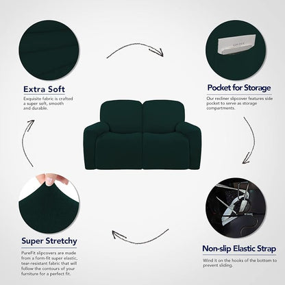 PureFit Super Stretch Loveseat Recliner Sofa Couch Cover with Pocket | 2 Seat Non Slip Soft Sofa Slipcover, Washable Reclining Furniture Protector for Kid, Pet (Recliner Loveseat, Deep Teal)