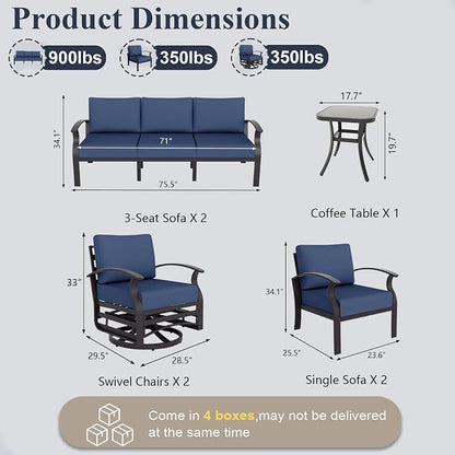 ALAULM Aluminum Patio Furniture Set with 2 Swivel Chairs 7-seat Metal Outdoor Furniture Patio Sectional Sofas Patio Conversation Set w/5.1" Cushions for Patio, Backyard, Poolside-DarkBlue
