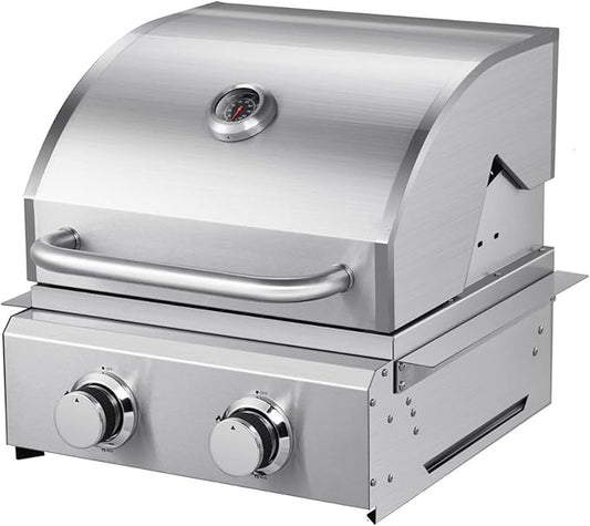 2 Burner Propane Gas Grill, Built-In Head BBQ, 304 Stainless Steel 20,000BTUs,Island Natural Gas Convertible Outdoor Kitchen Island Family Cooking