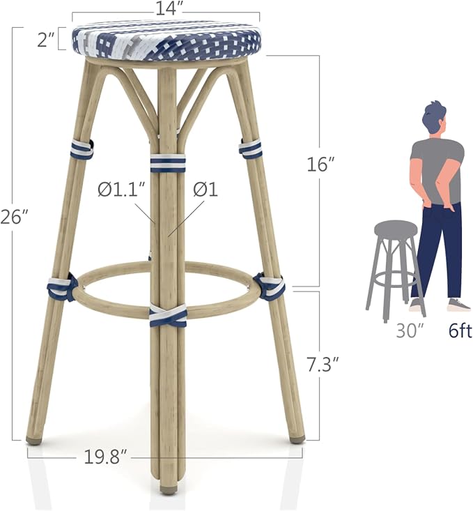 Seadrift Boho 30-inch Aluminum and All-Weather Wicker Barstools with Footrest, Patio Stools & Bar Chairs for Outdoor, Kitchen Counter, Poolside, Yard, Set of 2, Navy Blue and White